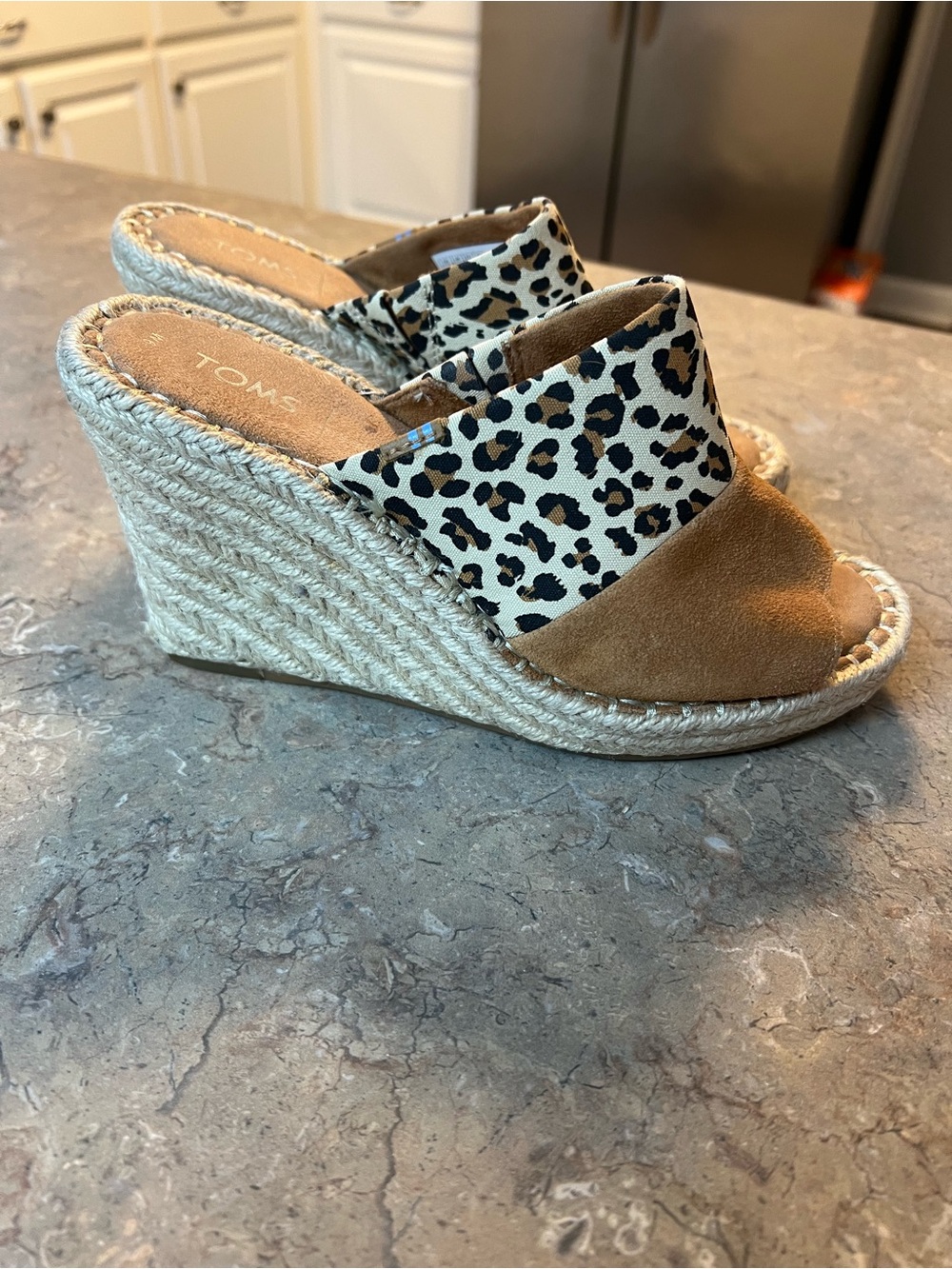 TOMS Leopard Print and Tan Suede Espadrille Wedges